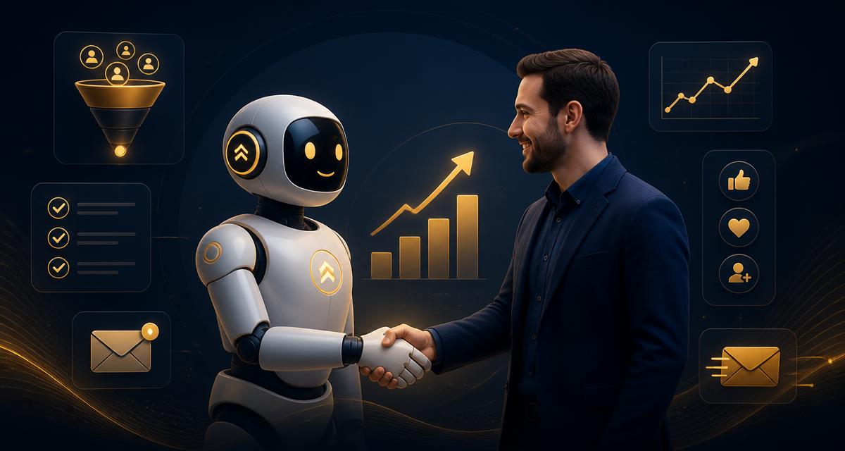 SellerAdvocate AI sales partner shaking hands with a small business owner, surrounded by sales growth icons